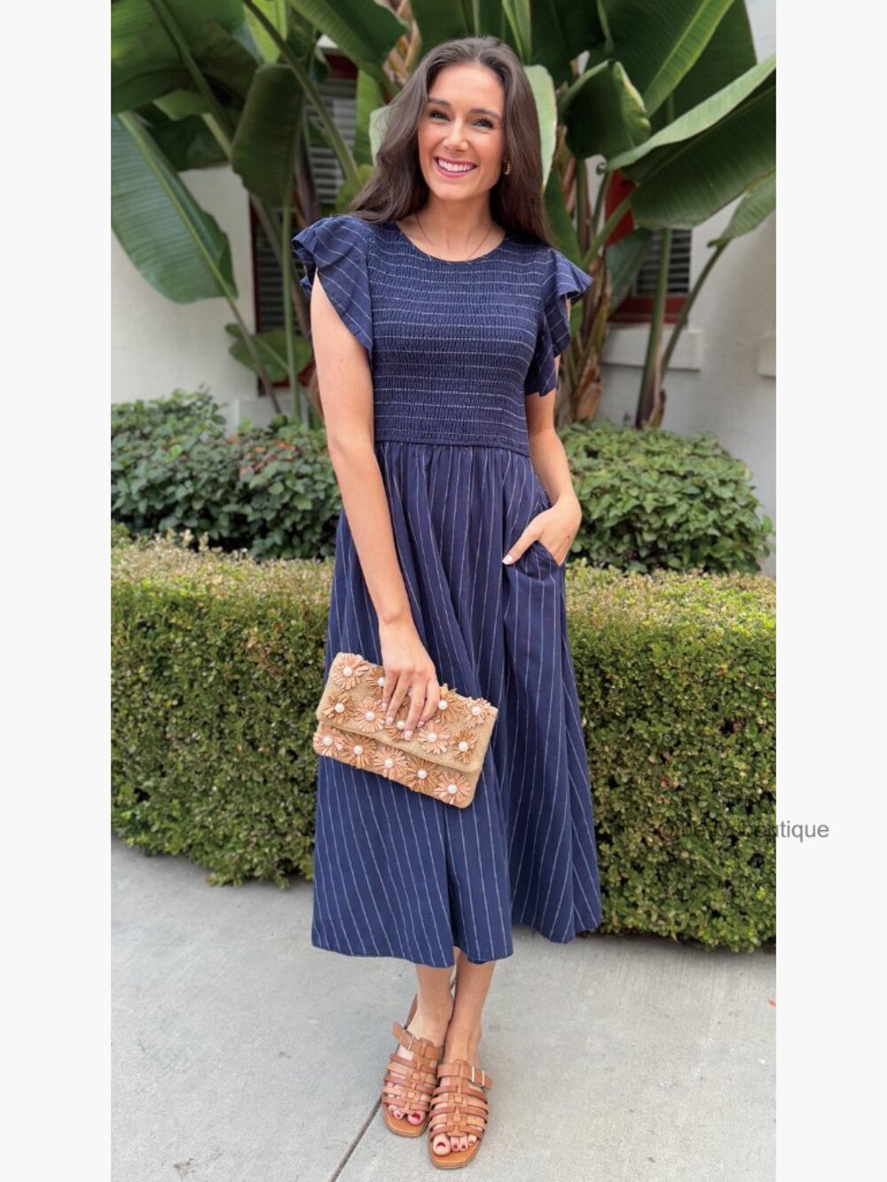 Linen Smocked Midi Dress with Pockets Flutter Sleeve Flowy Casual - Picture 7 of 7